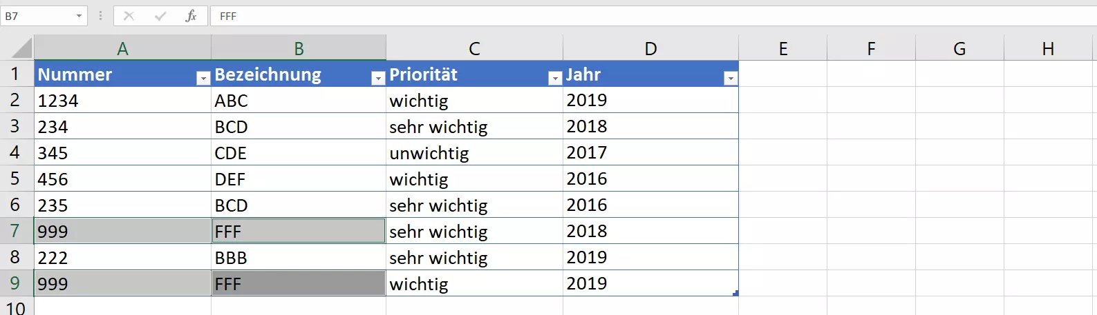 Excel 2016: Beispieleinträge mit doppelten Werten