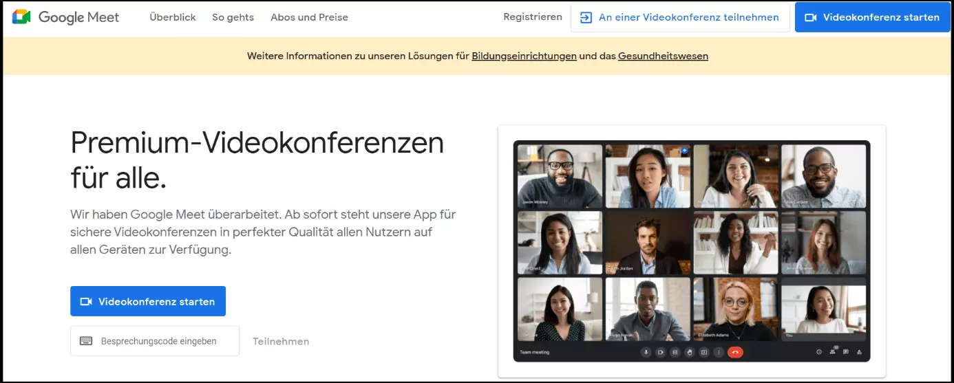 Homepagevon Google Meet mit Download-Option