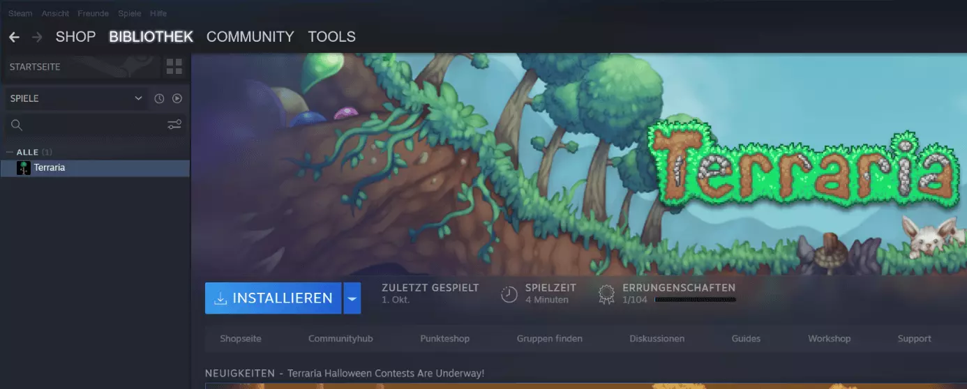 Terraria in der eigenen Steam-Bibliothek