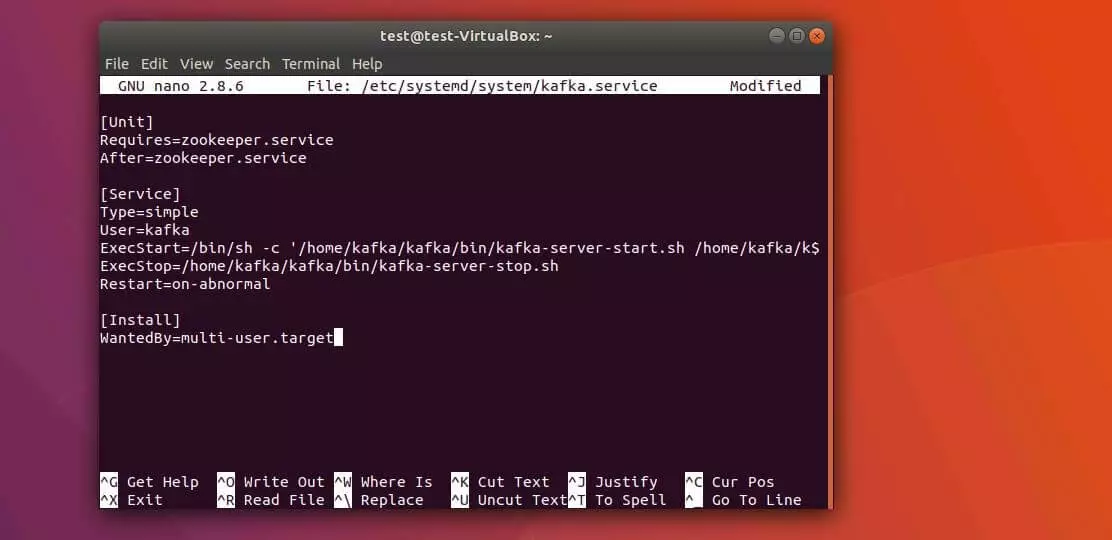 Ubuntu-Terminal: Datei kafka.service im nano-Editor