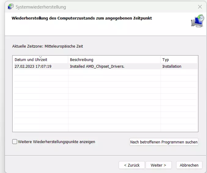 Auswahl der Wiederherstellungspunkte