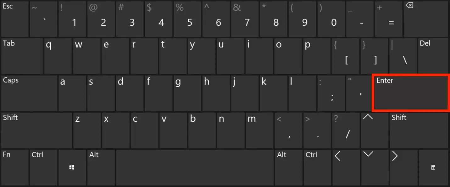 Englischsprachige Tastaturansicht mit rot markierter Enter-Taste