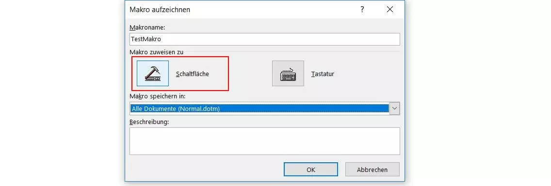 Menü „Makro aufzeichnen“ in Word 2016