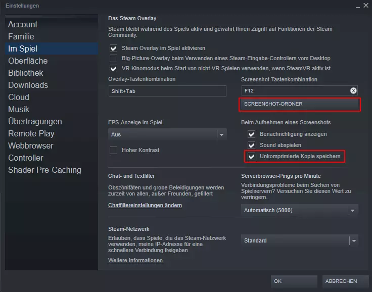 Steam-Einstellungen: Screenshot-Ordner ändern