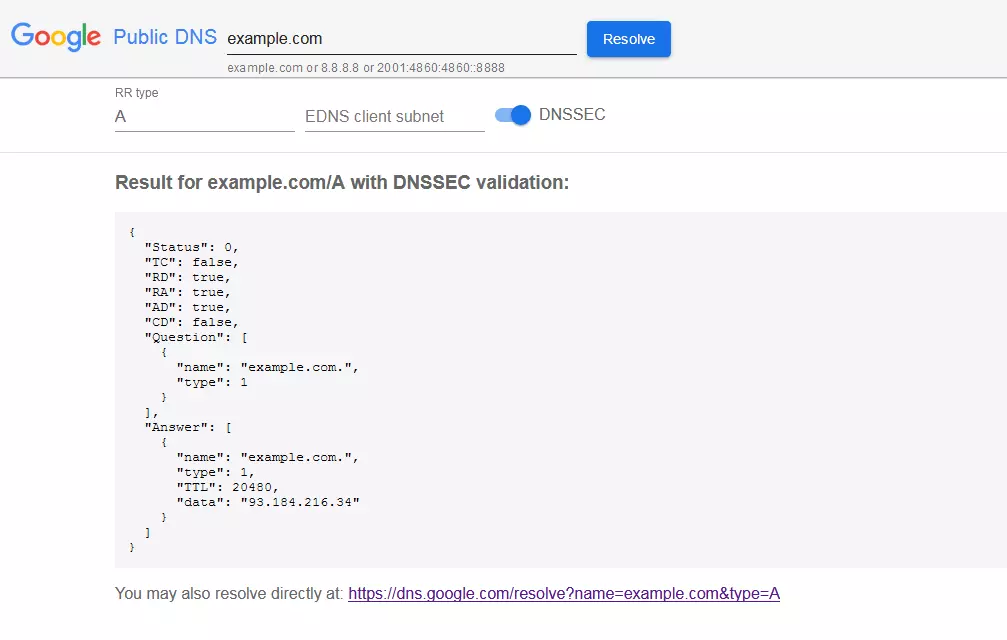 Ergebnis eines A-Record-Lookups mit dem Angebot von Google Public DNS