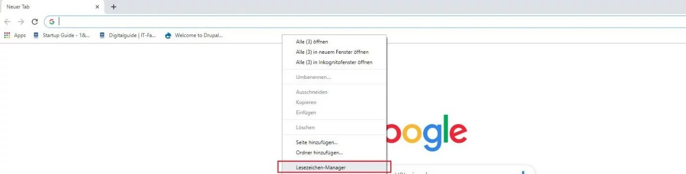 Chrome: Schnellmenü der Lesezeichen-Leiste