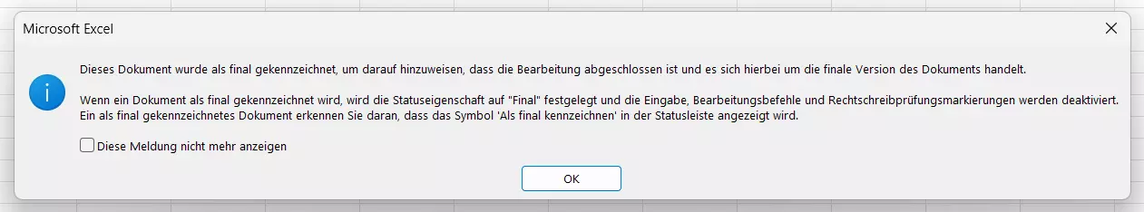 Meldung, dass das Excel-Dokument als final gekennzeichnet wurde