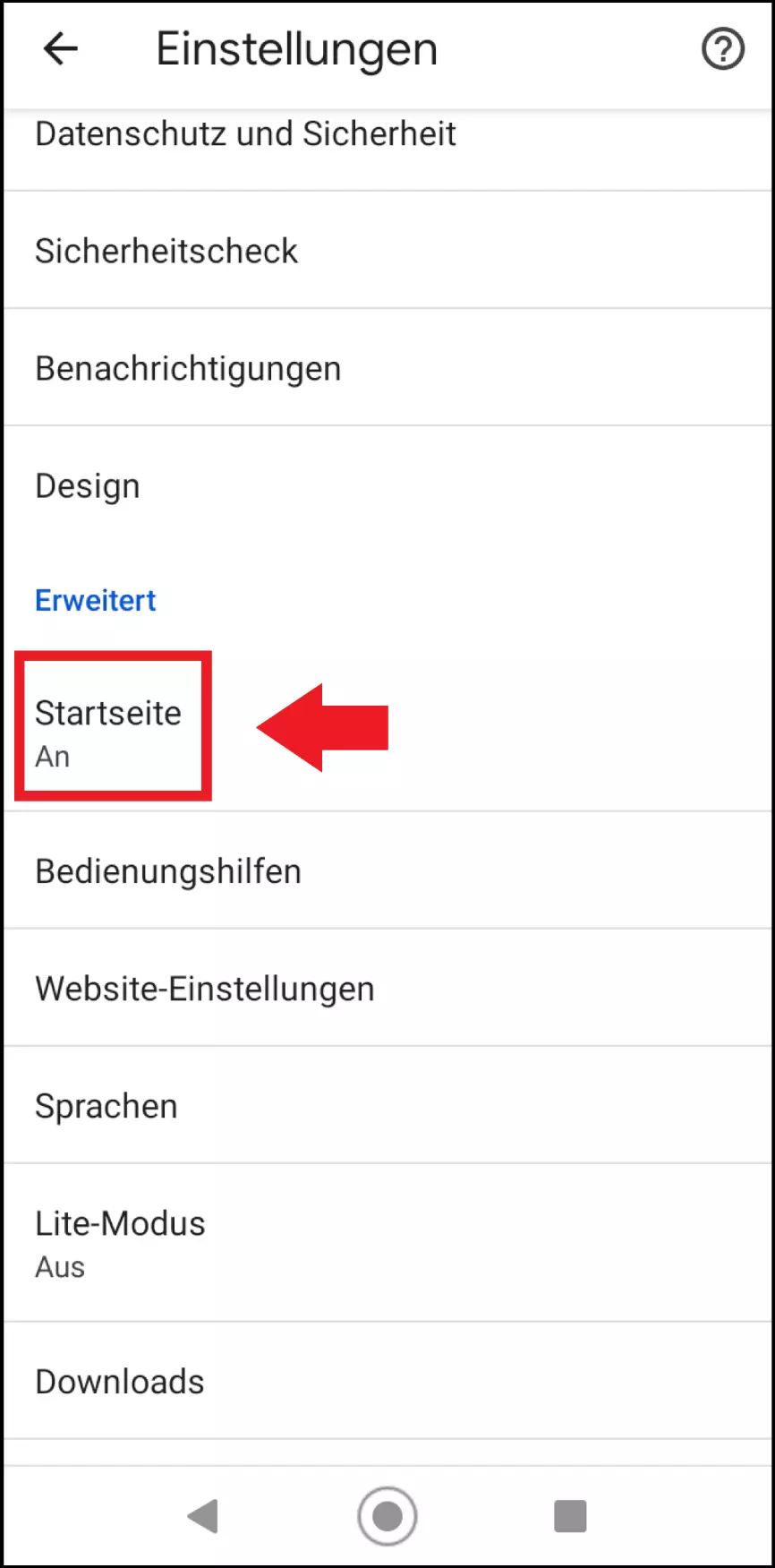 Gehen Sie auf „Startseite“ im Einstellungen-Menü der Chrome-App