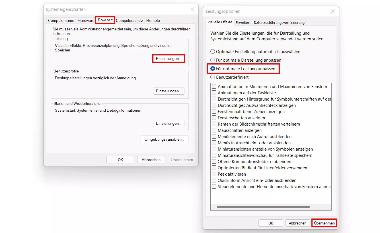 Windows 11: Sytemeigenschaften mit erweiterten Einstellungen und Leistungsoptionen