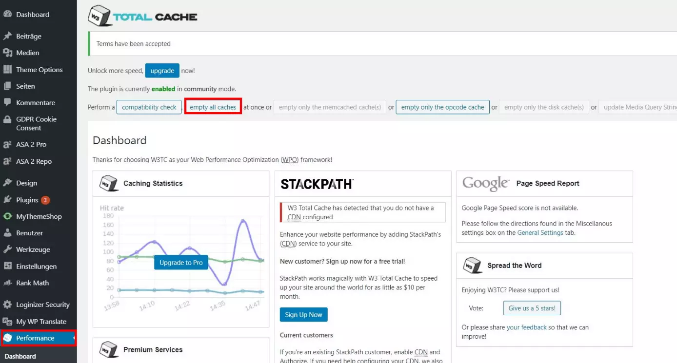 Dashboard W3 Total Cache: Möglichkeit, über das Einstellungsmenü des Plug-ins den WP-Cache zu leeren