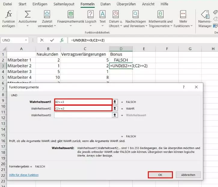 Excel UND: Dialogfeld „Funktionsargumente“