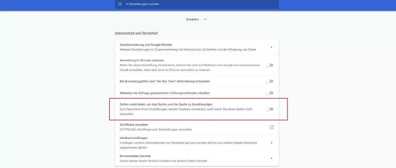 Menü „Datenschutz und Sicherheit“ in Google Chrome