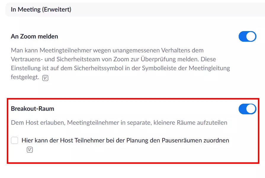 Option zum Aktivieren eines Zoom Breakout-Rooms in den Kontoeinstellungen auf der Website des Anbieters