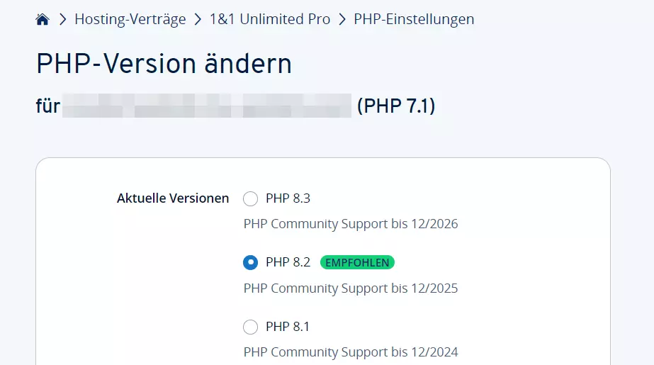 PHP-Version wählen im IONOS Kundenkonto