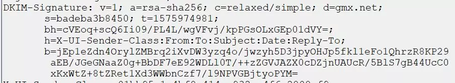 Screenshot eines E-Mail-Headers mit dem Ausschnitt der DKIM-Signatur