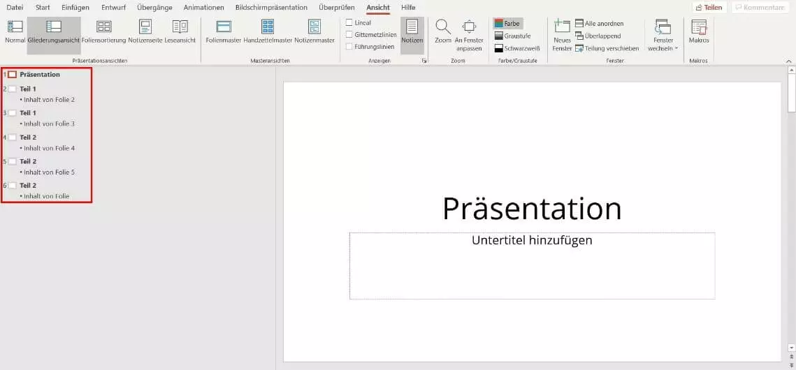 PowerPoint-Gliederungsansicht: Elemente