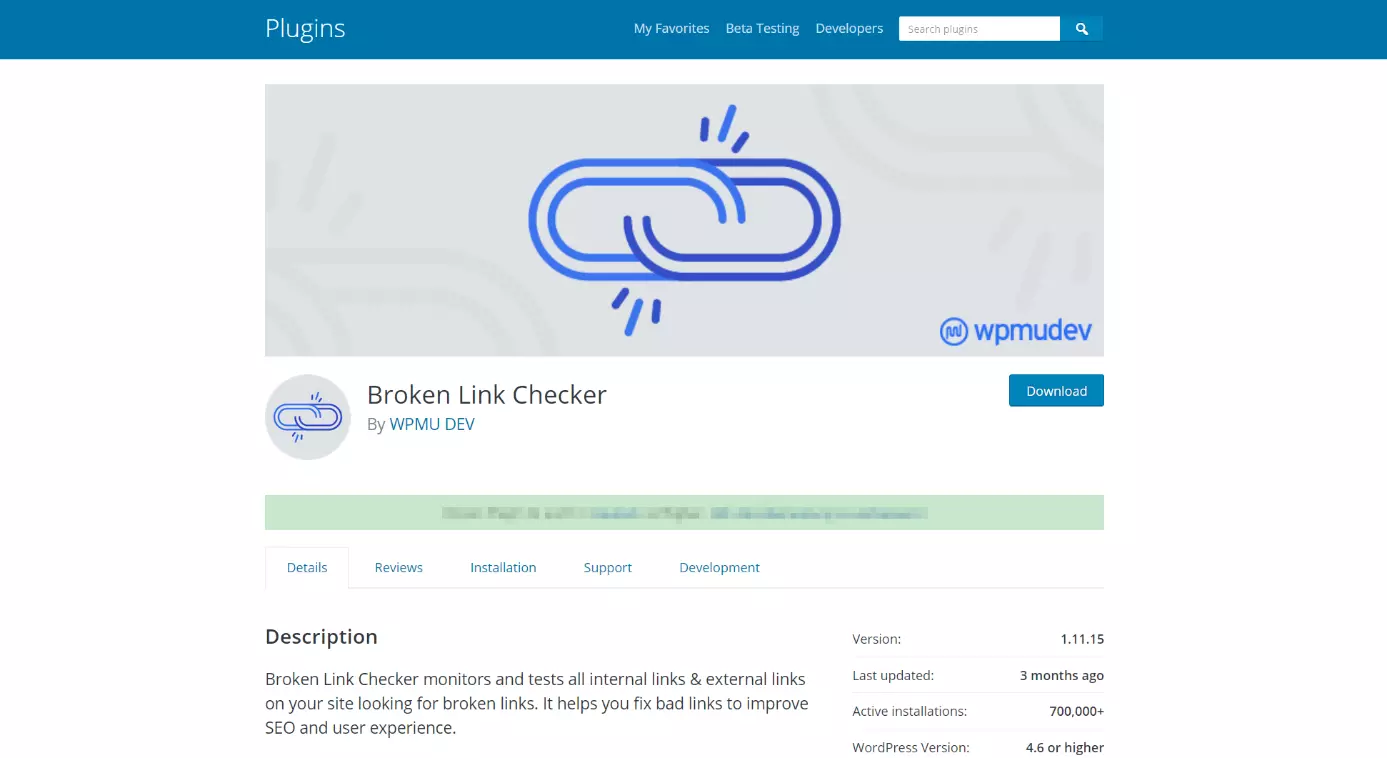 wordpress.org: Plugin-Übersichtsseite zu „Broken Link Checker“