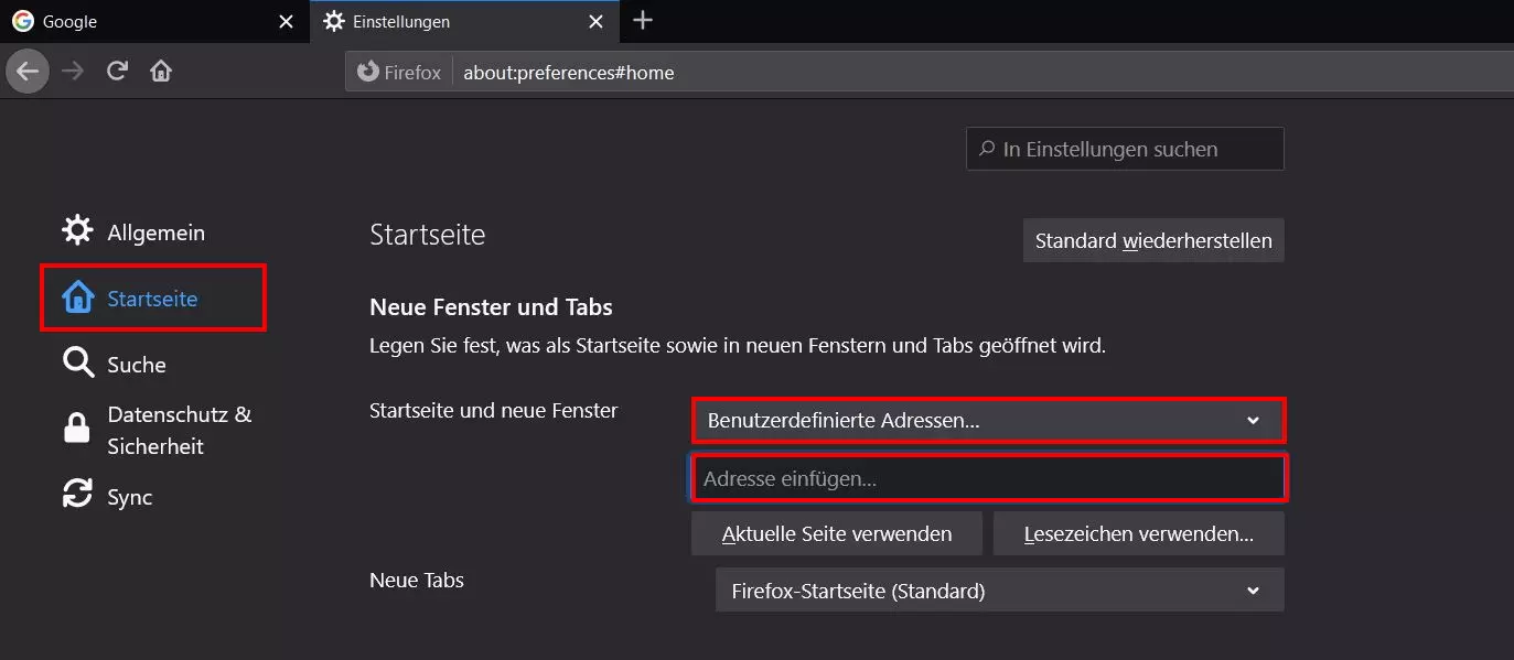 Firefox-Einstellungen: Startseite ändern