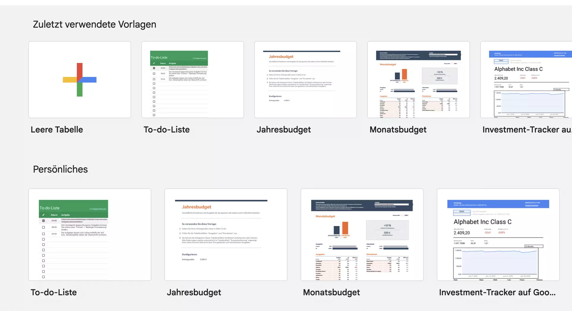 Screenshot der Formatvorlagen von Google Sheets