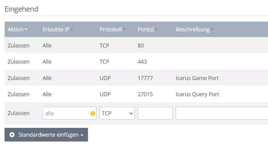 Icarus-Server-Ports zulassen via IONOS Cloud Panel