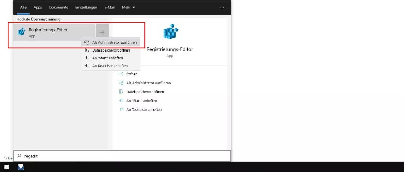 Windows-10-Suche: Suchresultat für „regedit“