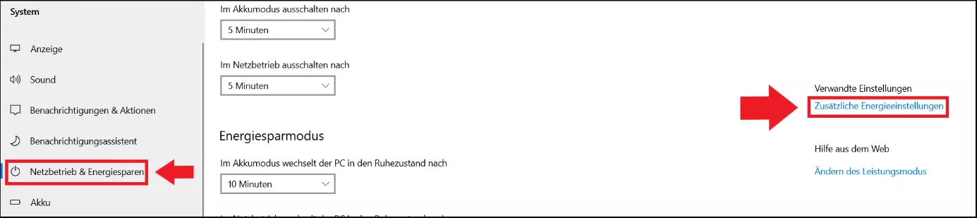 Windows 10: Menü „Netzbetrieb und Energiesparen“ unter „System“