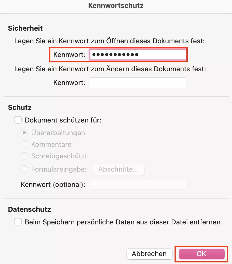 Word: Kennwort für Dokument festlegen