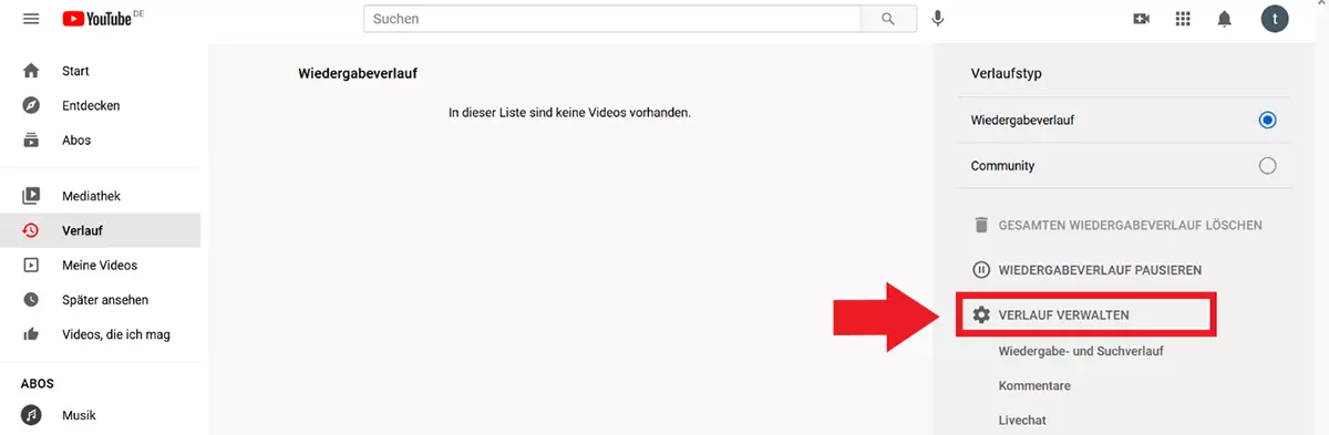 YouTube-Einstellungen: „Verlauf verwalten“