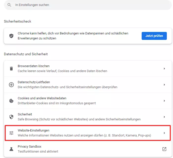 Screenshot der Browsereinstellung „Datenschutz & Sicherheit“ bei Chrome