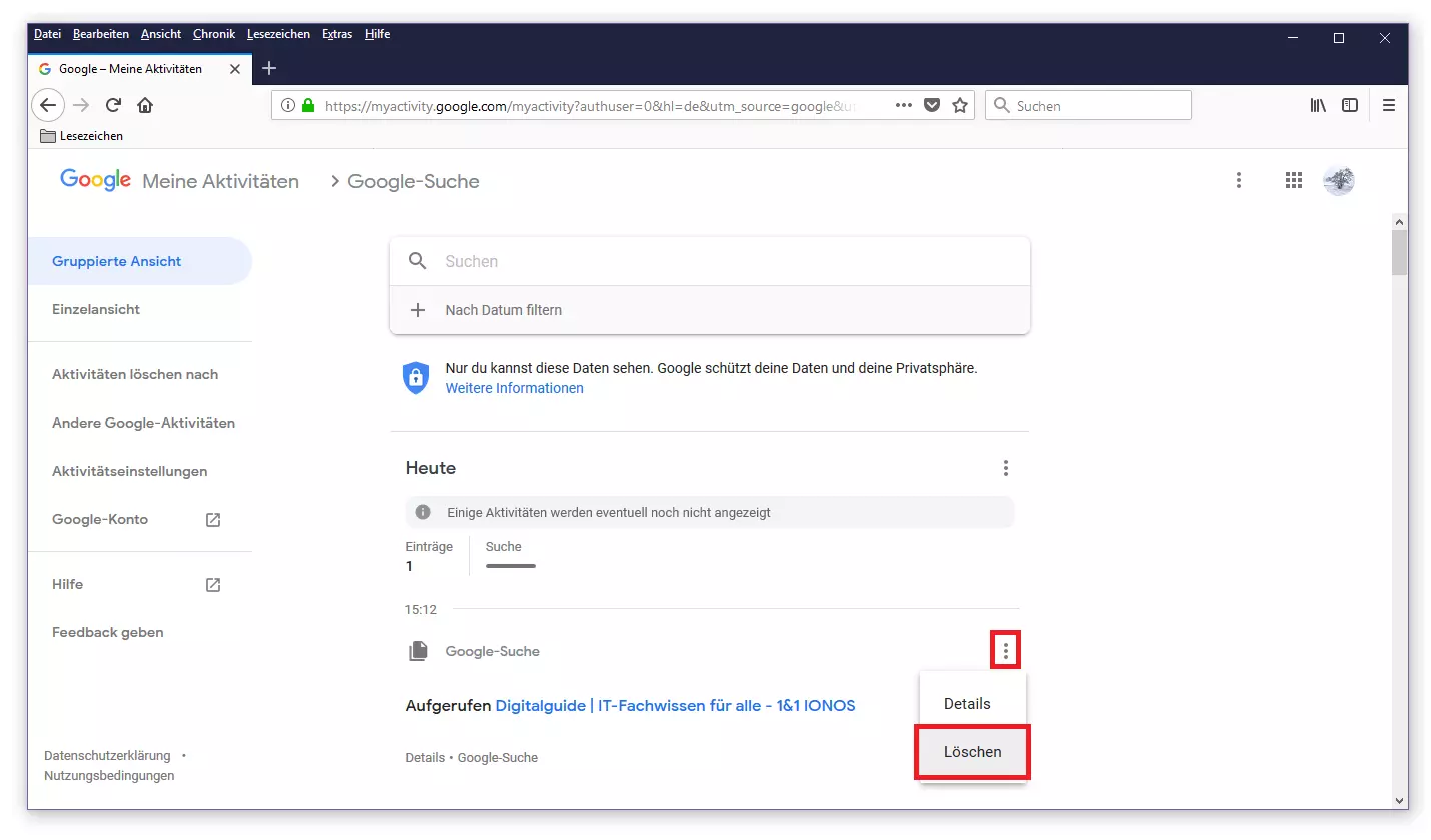 Google-Aktivitätsprotokoll: Einträge manuell löschen
