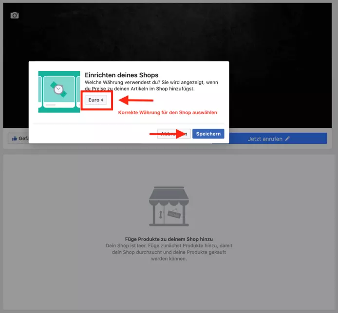 Einrichten eines Facebook-Shops: Wahl der Währung