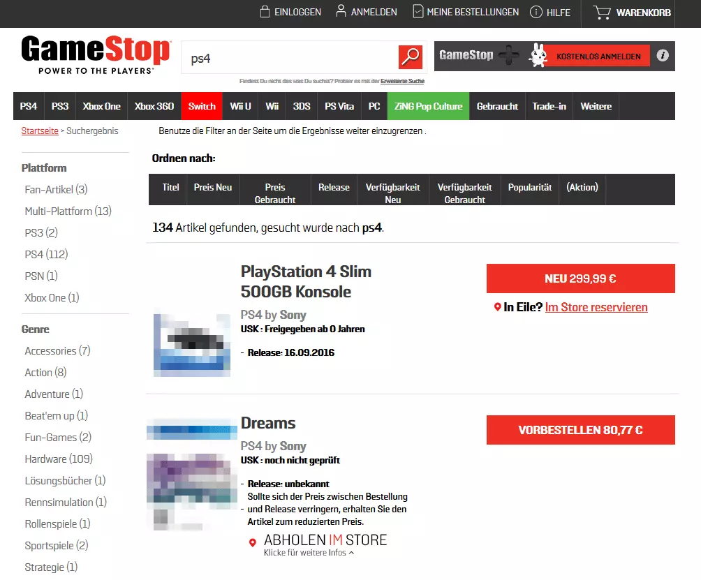 Suche nach dem Stichwort „ps4“ im Onlineshop von Gamestop