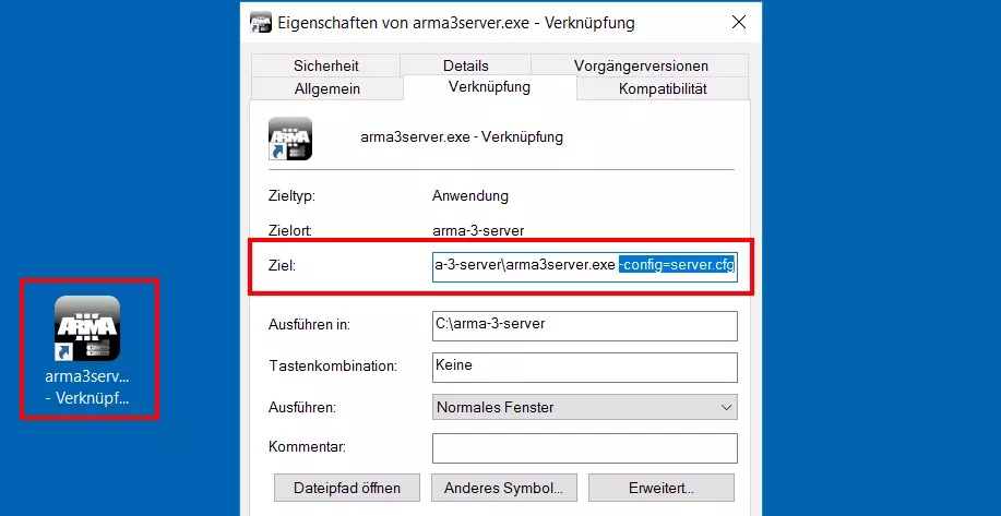 Arma-3-Server: Menü der Desktop-Verknüpfung