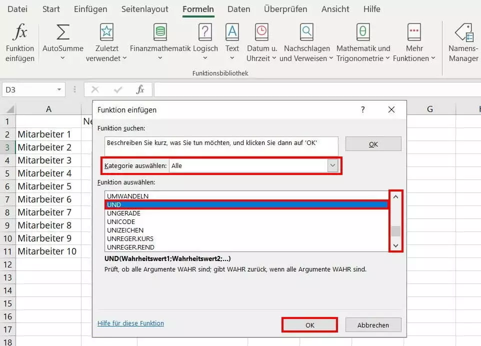 Excel-UND-Funktion auswählen