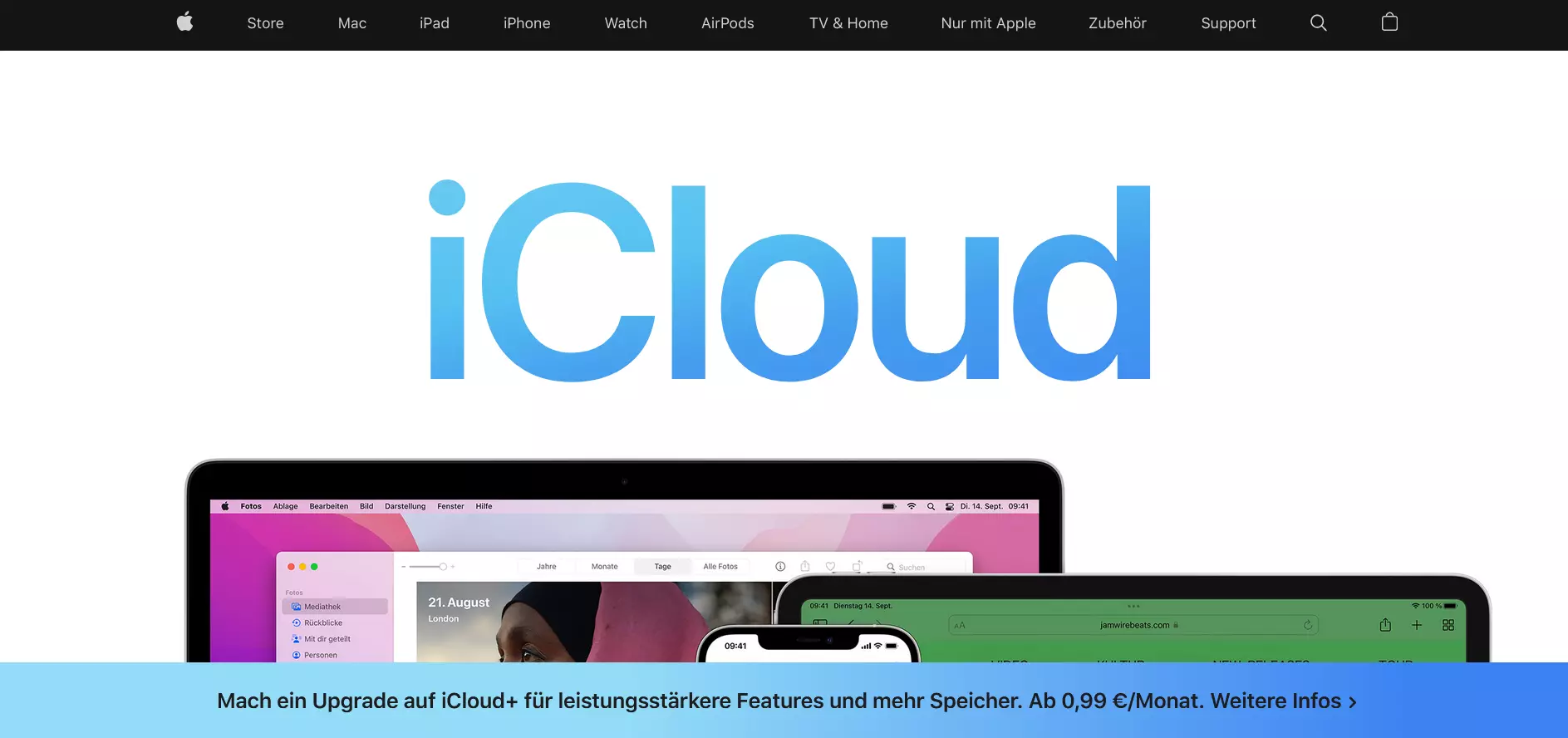 Screenshot der Vorstellungsseite von iCloud