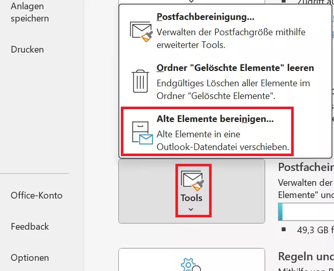 Microsoft Outlook : Registerkarte „Informationen“, Schaltfläche „Tools“