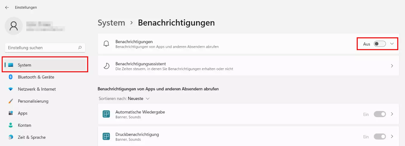 Windows-11-Systemeinstellungen mit Menü für System-Benachrichtigungen