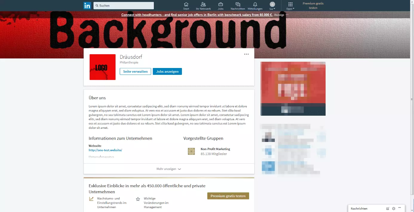 Ansicht des Unternehmensprofils für angemeldete LinkedIn-Nutzer