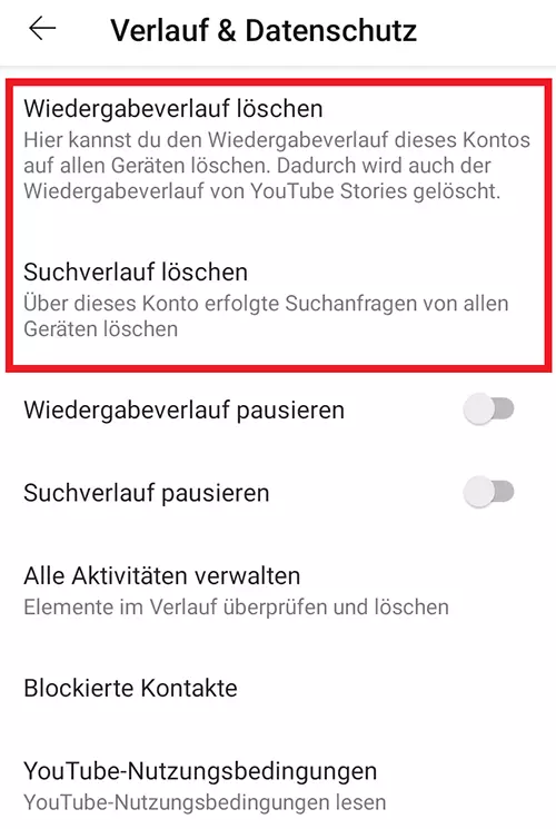 YouTube-App: Menü „Verlauf & Datenschutz“