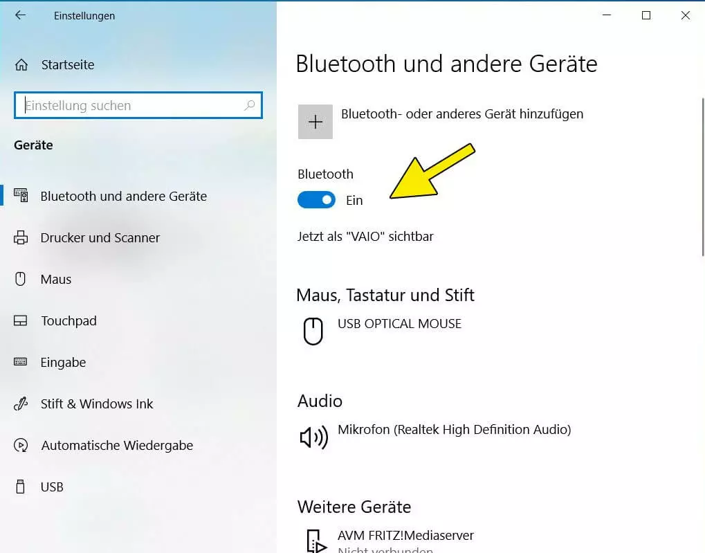 Screenshot Windows 10: Schalter „Ein“ in der Systemeinstellung für Bluetooth-Geräte