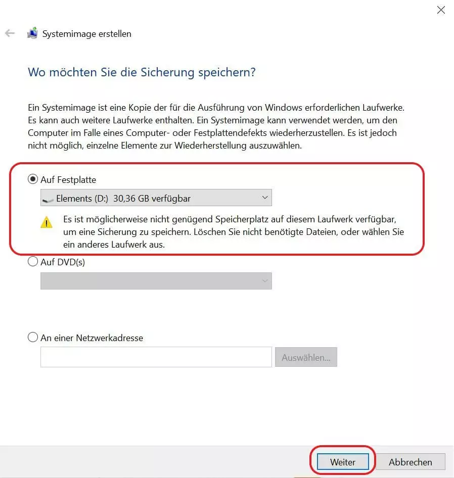 Speicheroptionen für Windows-10-Backups