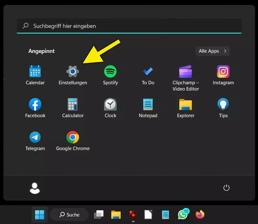Windows-11-Startmenü: Einstellungen-Symbol