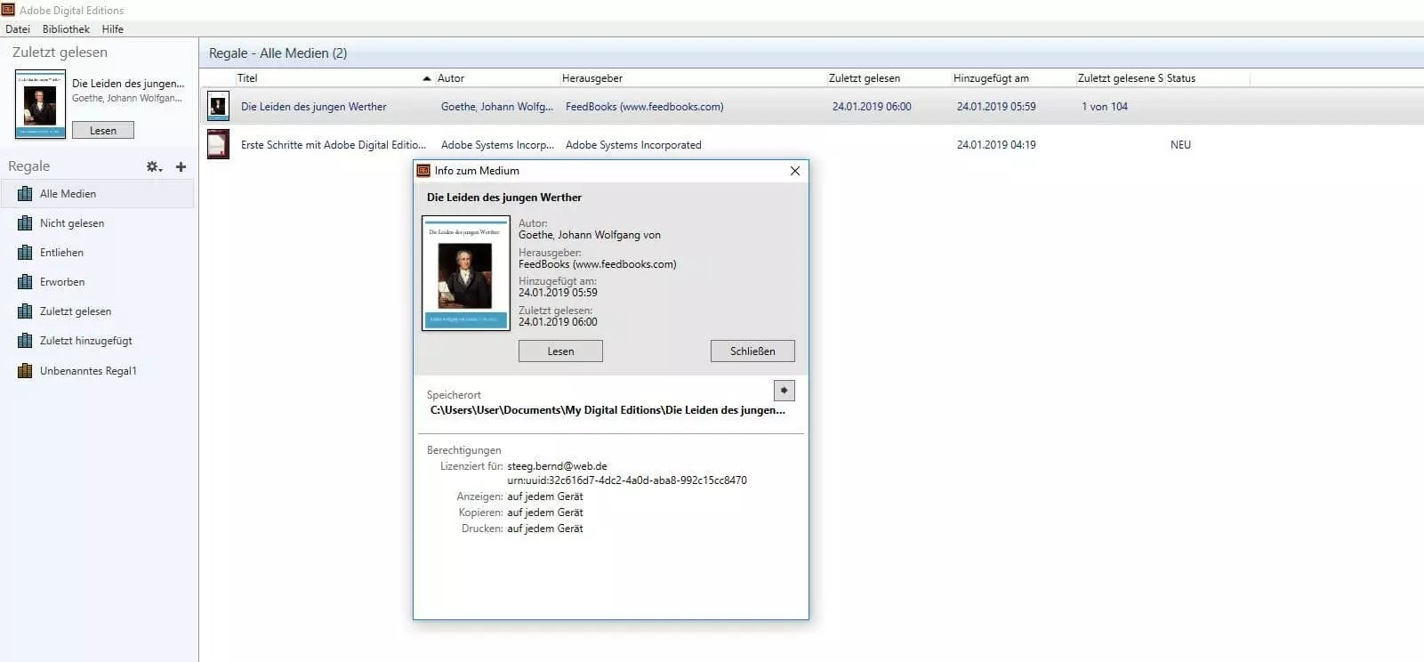 Importiertes E-Book in Adobe Digital Editions