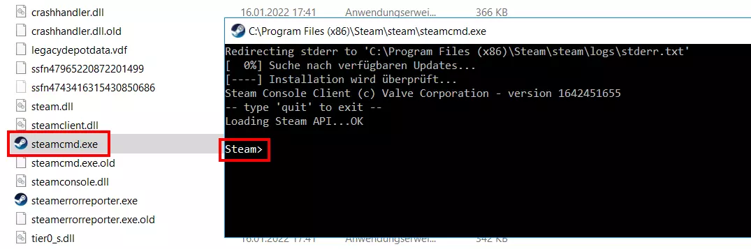 SteamCMD-Eingabezeile „Steam>“