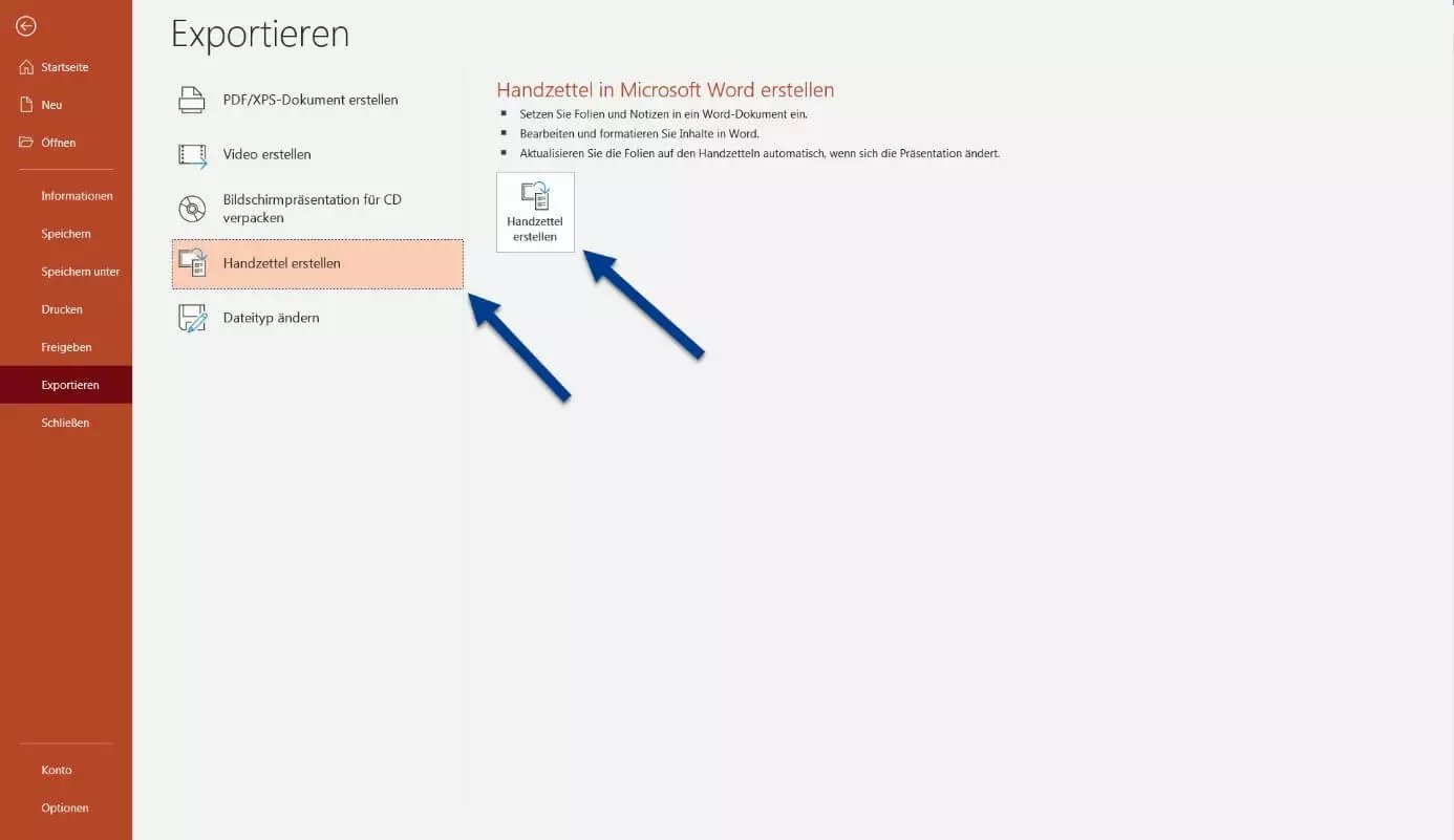 Mit „Handzettel erstellen“ eine PowerPoint in Word umwandeln