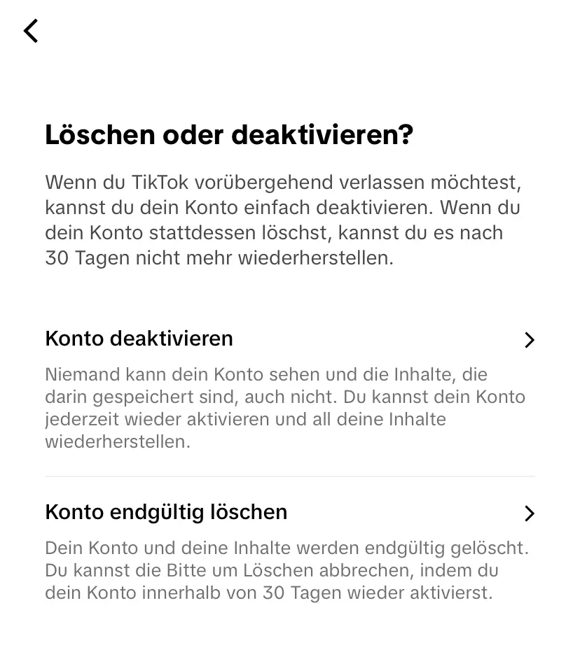 TikTok-Fenster: Frage nach Löschen oder deaktivieren