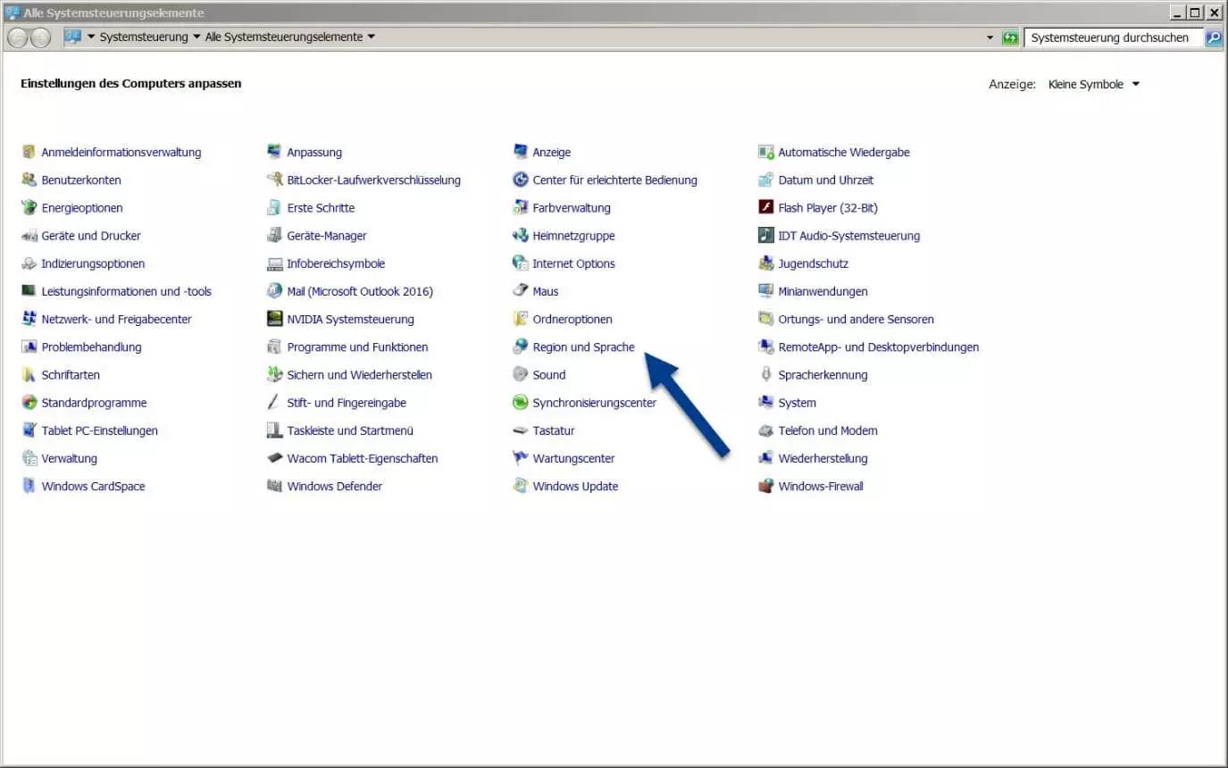 „Region und Sprache“-Rubrik in der Windows-7-Systemsteuerung