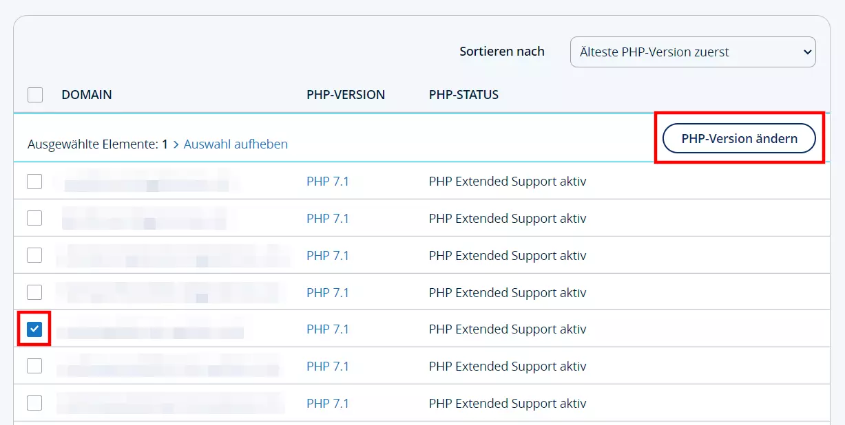 PHP-Status der Domains im IONOS Kundenkonto