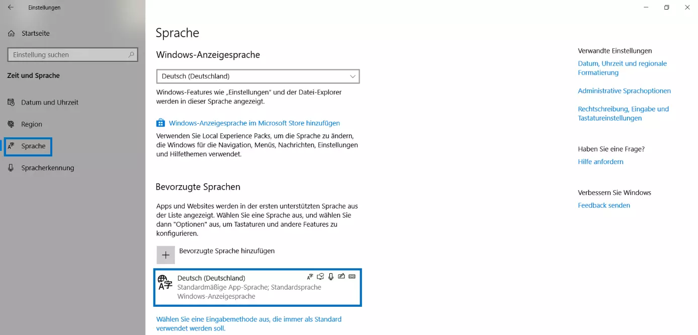 Spracheinstellungen in Windows 10