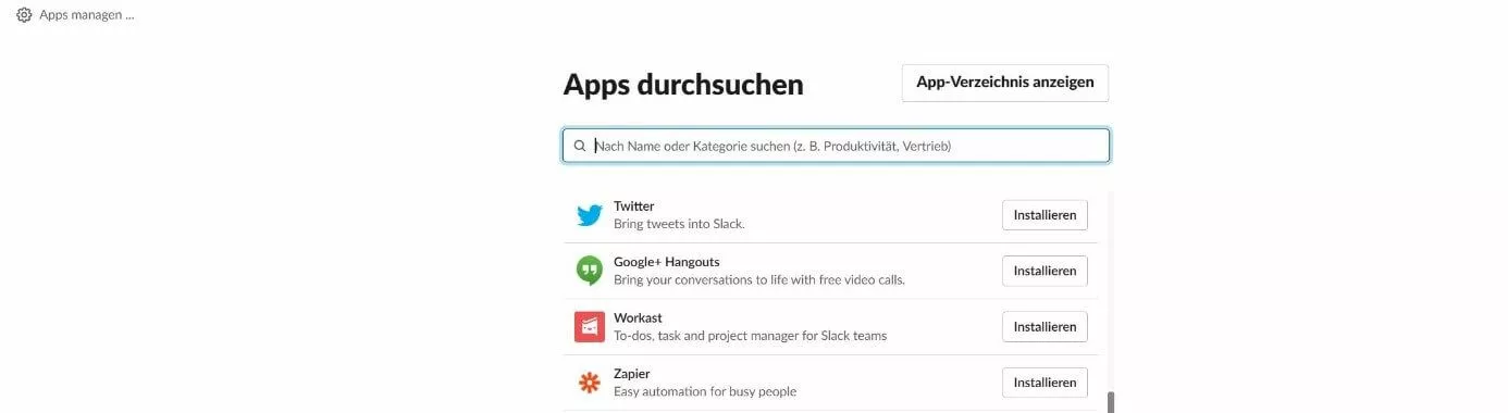 Menü, um Apps zu durchsuchen auf Slack